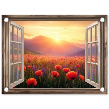 Doorkijk - Klaprozen - Bloemen - Rood - Open raam
