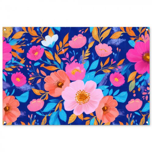 Tuinposter - Bloemen - Blauw - Roze