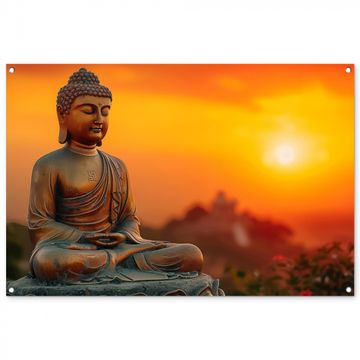 Tuinposter - Mediterende Boeddha bij zonsondergang