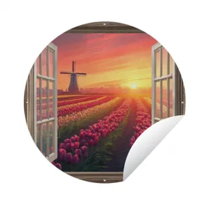 Tuinposter - Doorkijk - Tulpen - Zonsondergang - Bloemen - Kleurrijk