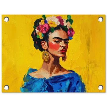 Tuinposter - Frida Kahlo - Vrouw - Geel - Blauw - Bloemen