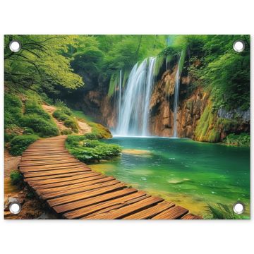 Tuinposter - Boswaterval met Houten Pad