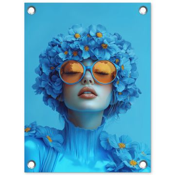 Tuinposter - Vrouw - Bloem - Blauw - Modern - Bril - Portret