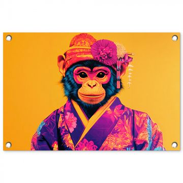 Tuinposter - Aap - Kimono - Bloemen - Hoofdtooi