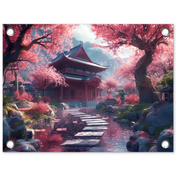 Tuinposter - Sakura Tempeltuin in Volle Bloei