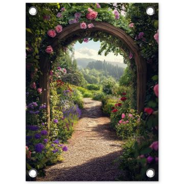 Tuinposter - Doorkijk - Landschap - Bloemen - Rozenboog - Natuur