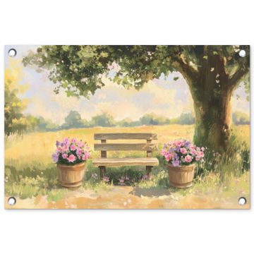 Tuinposter - Houten bankje - Bloempotten - Landschap