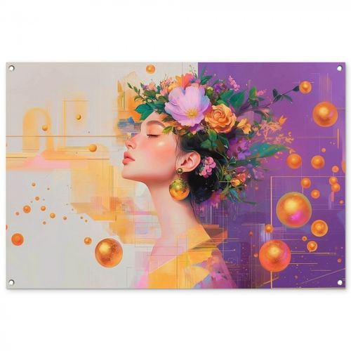 Tuinposter - Abstract - Vrouw - Bloemenkroon - Goud