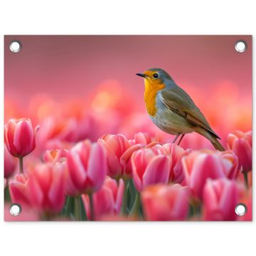 Tuinposter - Roodborstje in Tulpenveld
