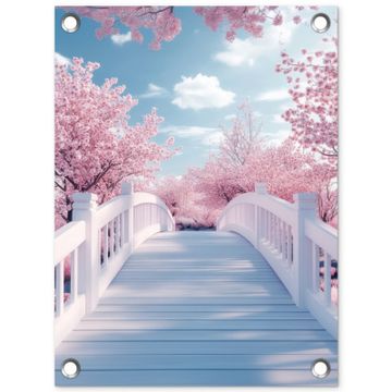 Tuinposter - Brug - Kersenbomen - Wit