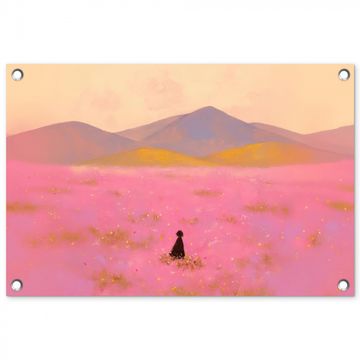 Tuinposter - Bloemenweide - Heuvels - Silhouet - Roze