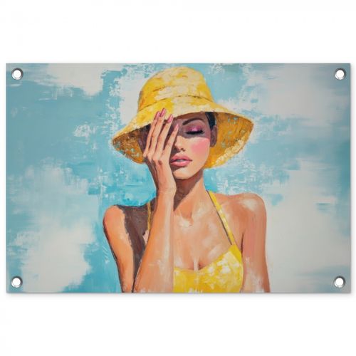 Tuinposter - Schilderij - Vrouw - Hoed - Geel