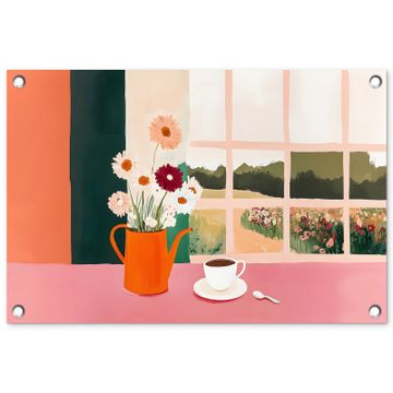 Tuinposter - Bloemen - Koffie - Raam