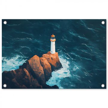 Tuinposter - Vuurtoren - Rots - Zee - Golven