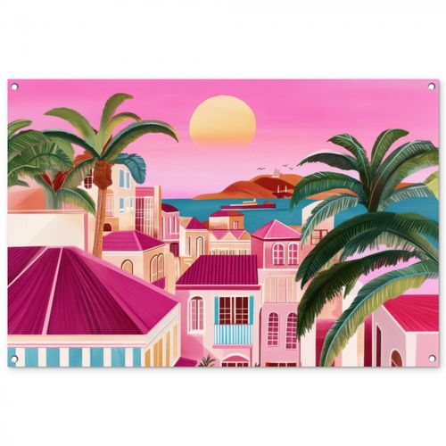 Tuinposter - Stad - Roze - Palmbomen