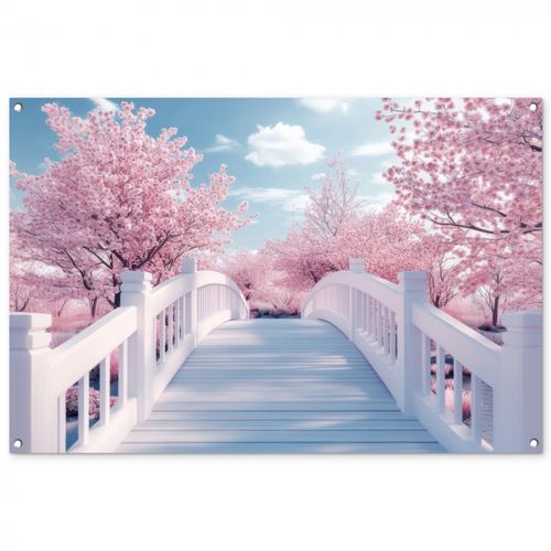 Tuinposter - Brug - Kersenbomen - Wit