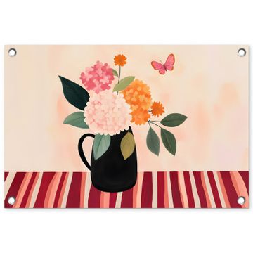 Tuinposter - Vaas - Bloemen - Vlinder - Rood