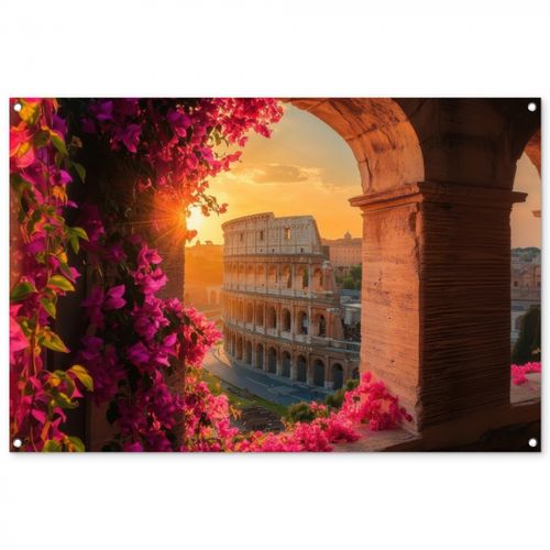Tuinposter - Colosseum - Rome - Roze Bloemen