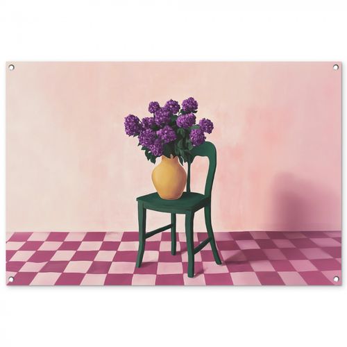 Tuinposter - Stoel - Vaas - Bloemen - Geblokt