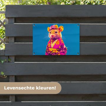 Tuinposter - Muis - Kimono - Bloemen - Blauw
