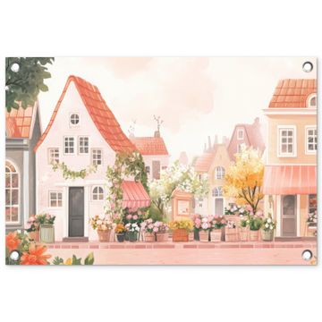 Tuinposter - Bloemen - Huizen - Dorp