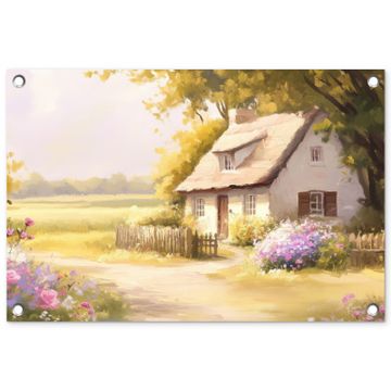 Tuinposter - Huisje - Hout - Bloemen