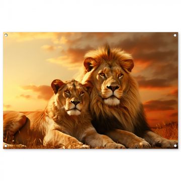 Tuinposter - Leeuwenpaar bij zonsondergang