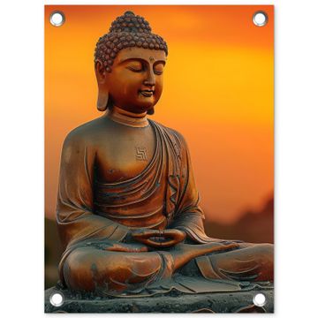Tuinposter - Mediterende Boeddha bij zonsondergang
