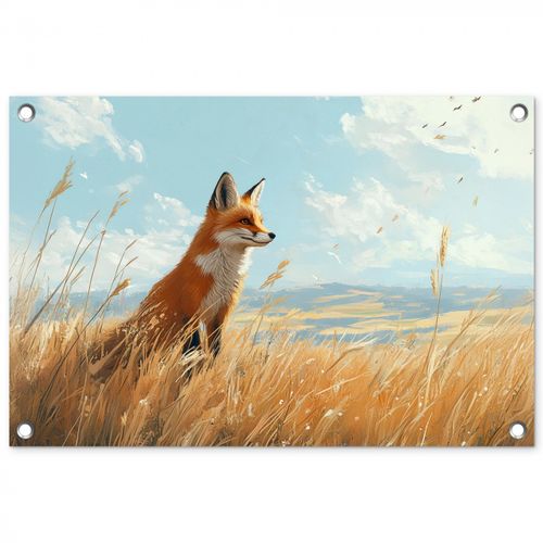 Tuinposter - Vos - Gras - Wolken - Oranje