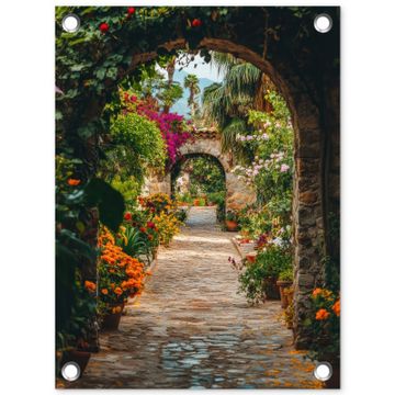 Tuinposter - Doorkijk - Bloemen - Poort - Stenen