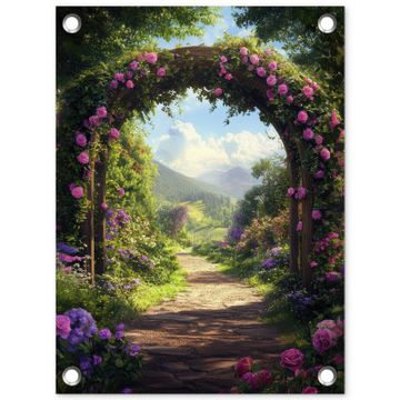 Tuinposter - Doorkijk - Rozenboog - Uitzicht - Landschap - Bloemen