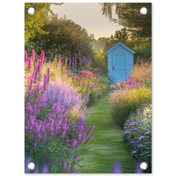 Tuinposter - Tuinhuisje - Blauw - Bloemen