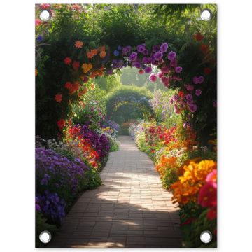 Tuinposter - Doorkijk - Pad - Bloemen - Struik - Kleurrijk