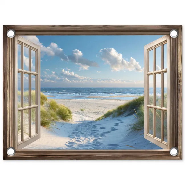 Doorkijk - Strand - Raam - Duinen - Zee tuinposter los doek klein -3d