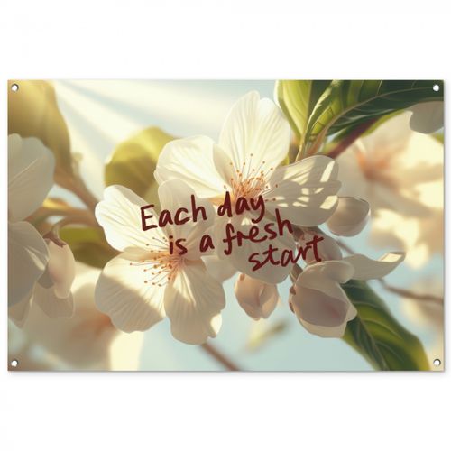 Tuinposter - Bloesems - Zonlicht - Quote - Wit