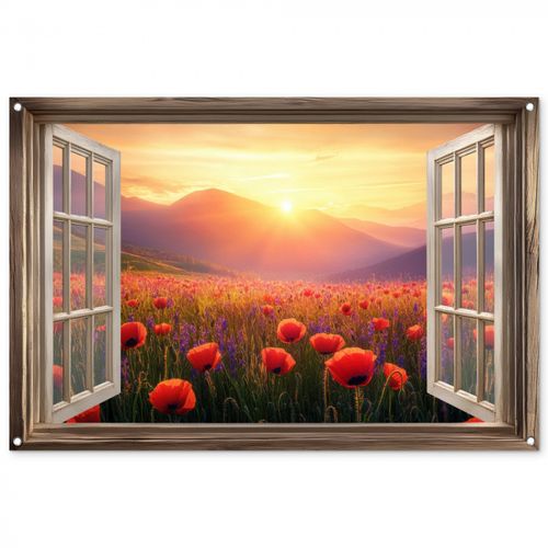 Doorkijk - Klaprozen - Bloemen - Rood - Open raam