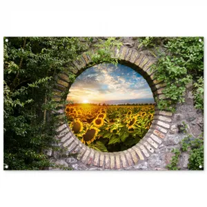 Tuinposter - Ronde poort naar zonnebloemveld