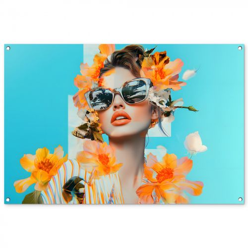 Tuinposter - Bloemen - Vrouw - Zonnebril - Blauw