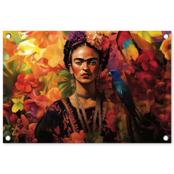 Tuinposter - Vrouw - Bloemen - Papegaai - Schilderachtig