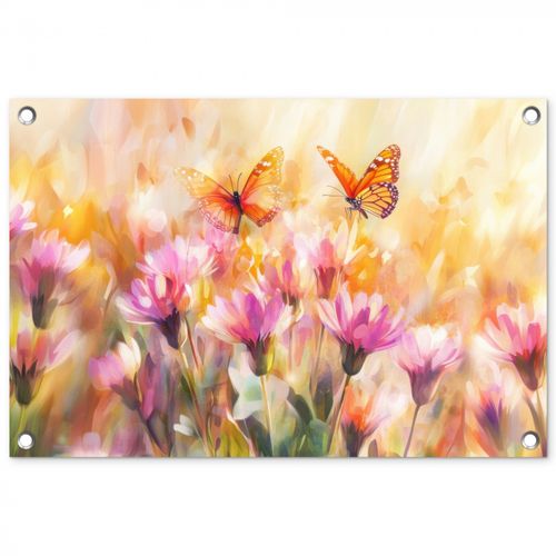 Tuinposter - Vlinders - Oranje - Bloemen