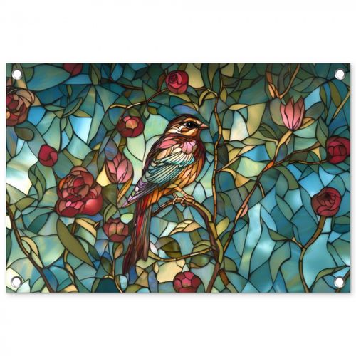 Tuinposter - Vogel - Tak - Rozen - Mozaïek