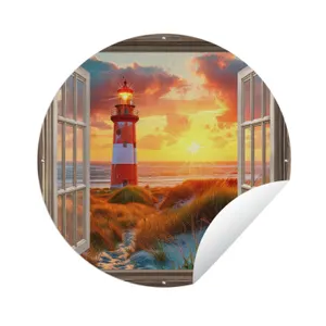 Tuinposter - Doorkijk - Raam - Vuurtoren - Zonsondergang - Strand