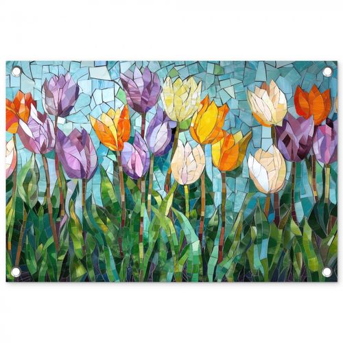 Tuinposter - Mozaïek - Veld - Tulpen - Kleurrijk