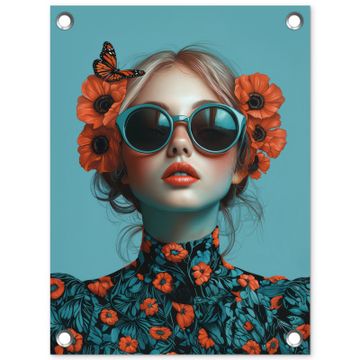 Tuinposter - Vrouw - Blauw - Vlinder - Bloemen - Aesthetic