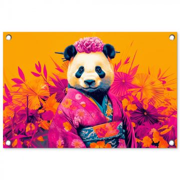 Tuinposter - Kimono - Roze - Panda - Bloemenkroon