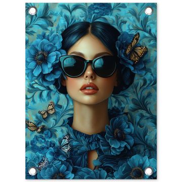 Tuinposter - Vrouw - Bloemen - Vlinders - Blauw - Abstract