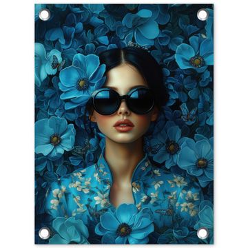 Tuinposter - Vrouw - Bloemen - Blauw - Aesthetic - Luxe