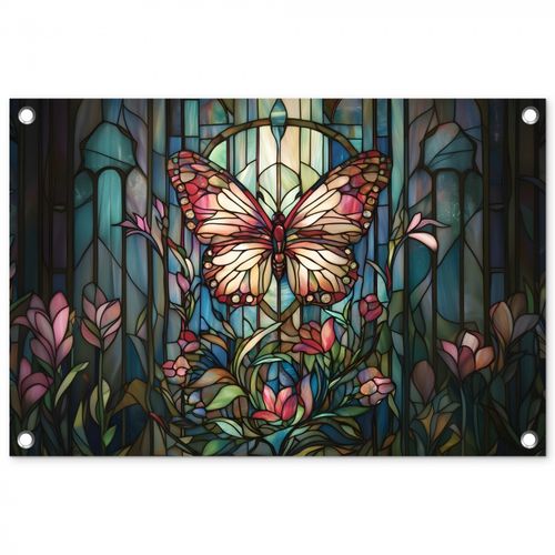 Tuinposter - Vlinder - Roze - Bloemen - Bladeren