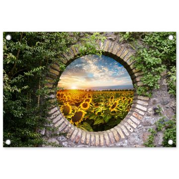 Ronde poort naar zonnebloemveld