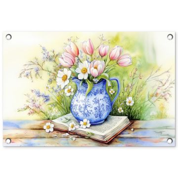 Tuinposter - Vaas - Delftsblauw - Madeliefjes